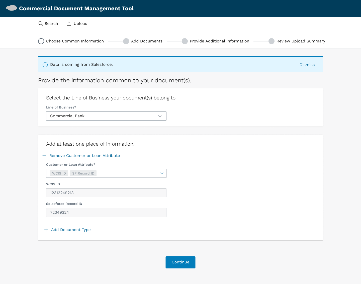 Salesforce handoff into the central document management upload flow with company context included